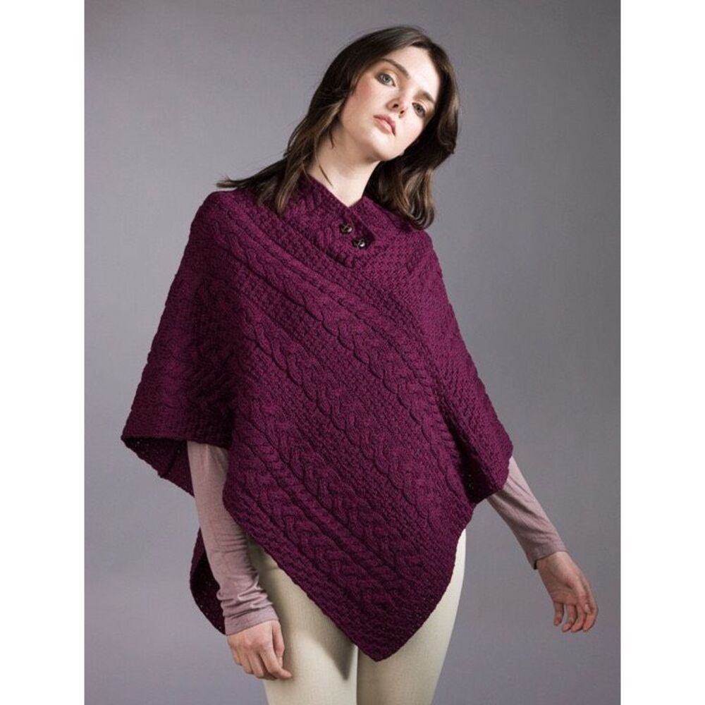 Aran Sweater Market 100% Merino Wool Cable Knit Poncho Plum One Size - Picture 2 of 9